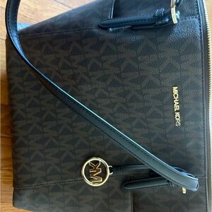 Michael Kors Brown and Black MK Logo Shoulder Tote with Gold Accents